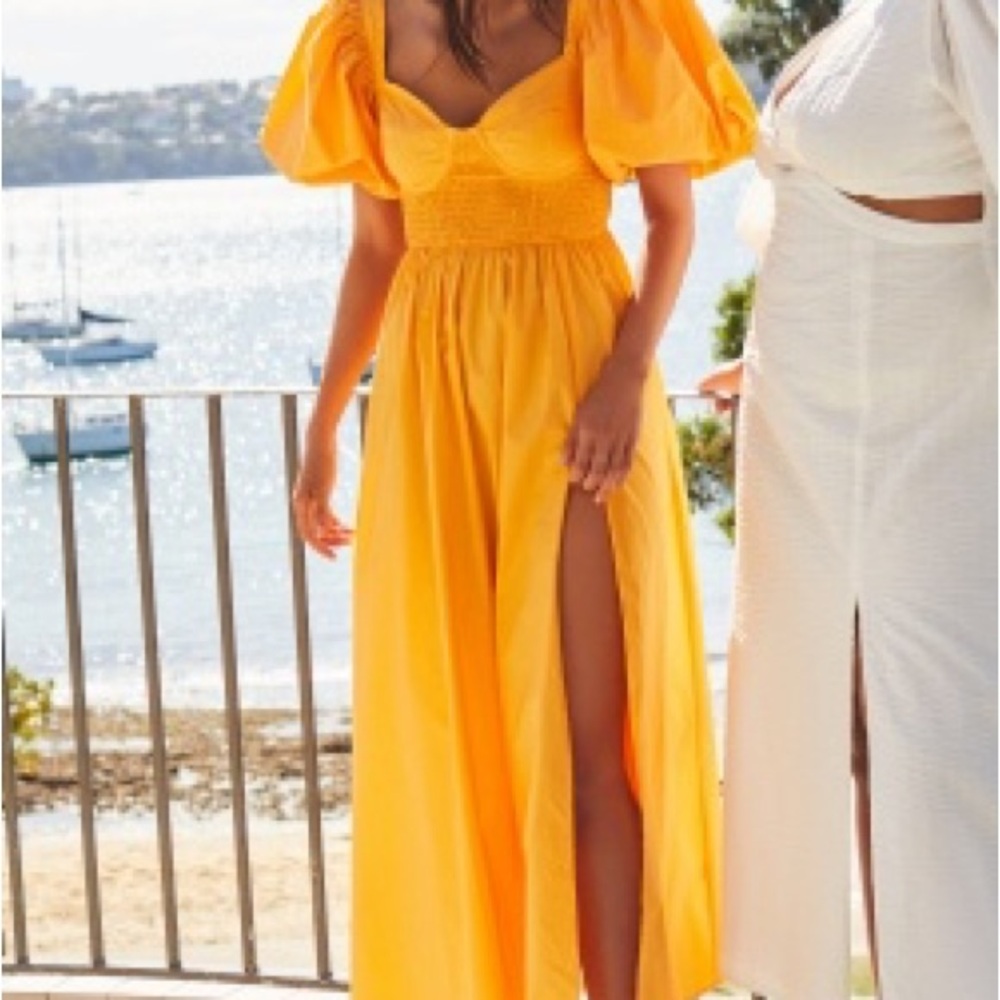 Showpo RAIZA MIDI DRESS - SHIRRED WAIST PUFF SLEEVE DRESS IN MARIGOLD